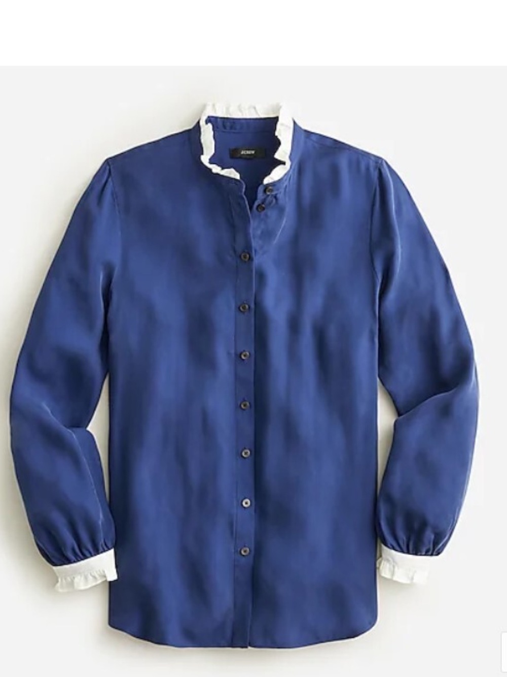 J. Crew Navy Blue Button-Down Shirt with White Ruffle Trim,size M